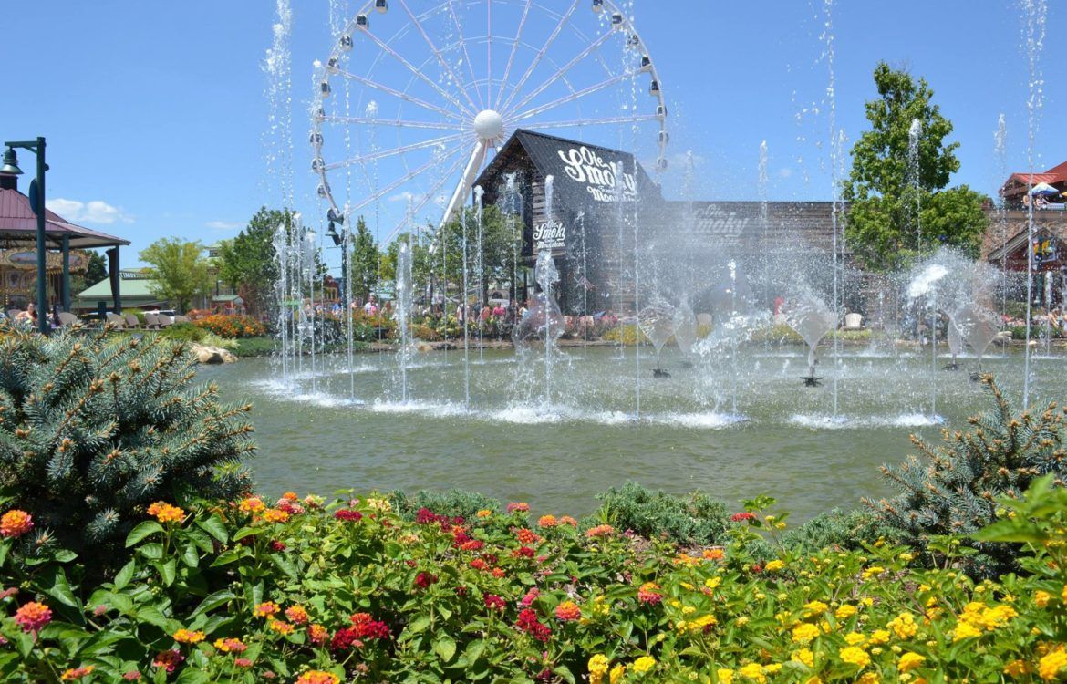 Fountains with beautiful flowers at The Island in Pigeon Forge