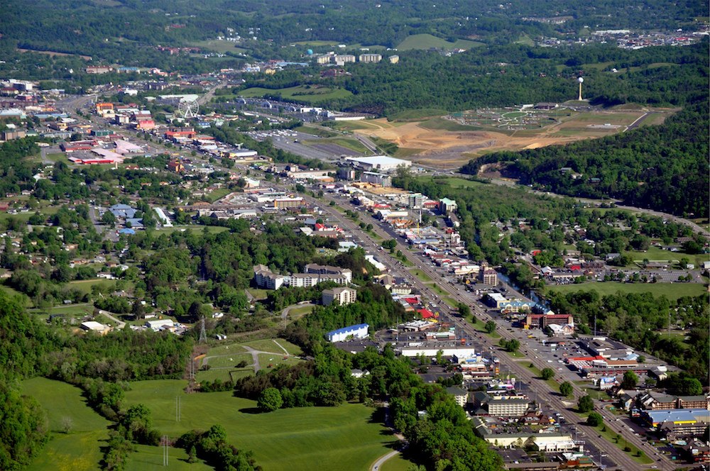An aerial view of Pigeon Forge TN
