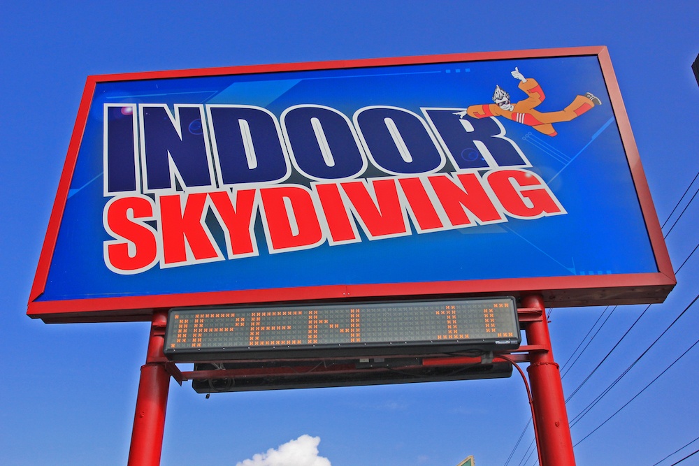 The sign for Flyaway Indoor Skydiving on the Pigeon Forge Parkway.