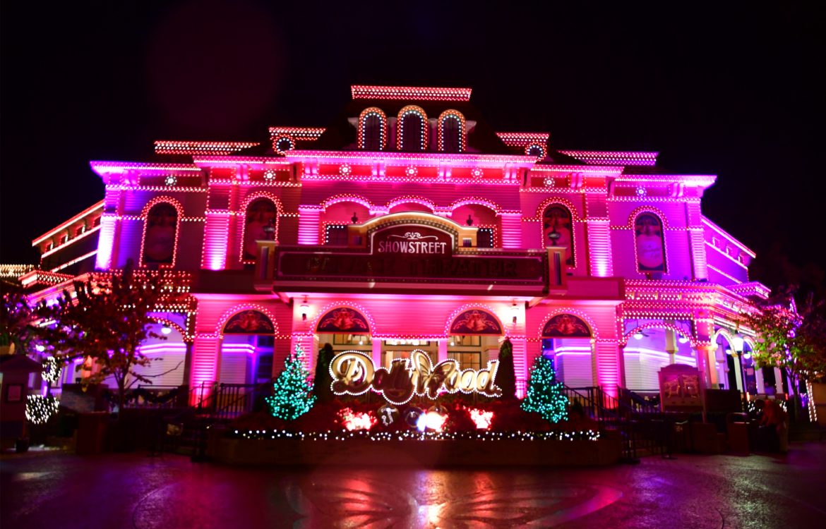 Showstreet building decorated for Smoky Mountain Christmas at Dollywood